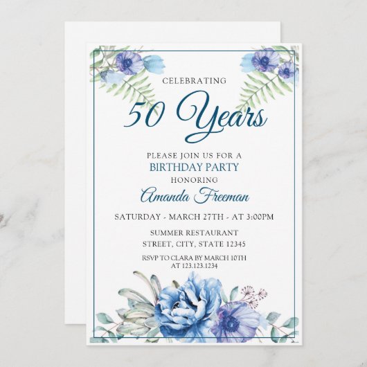 白モダンと青のフローラマザー誕生日 招待状 (正面/裏面)