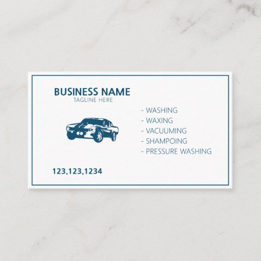 白モダンと青のモバイルカーウォッシュ&詳細 名刺 (正面)