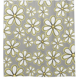 白モダンと黄色のデイジーの花グレー シャワーカーテン