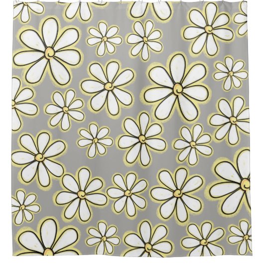 白モダンと黄色のデイジーの花グレー シャワーカーテン (正面)