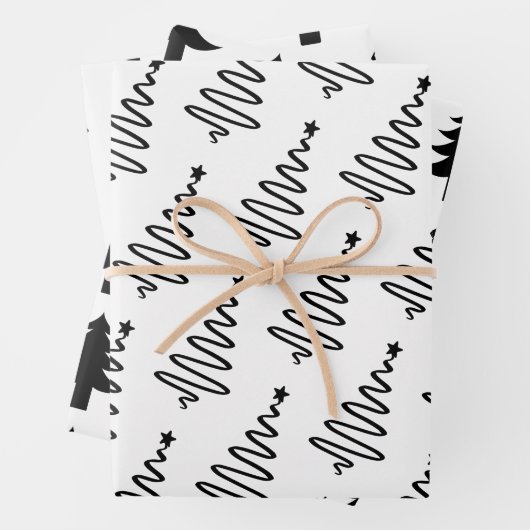 白モダンと黒のクリスマスツリーギフト ラッピングペーパーシート (インサイチュ)