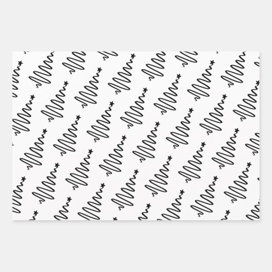 白モダンと黒のクリスマスツリーギフト ラッピングペーパーシート (正面)