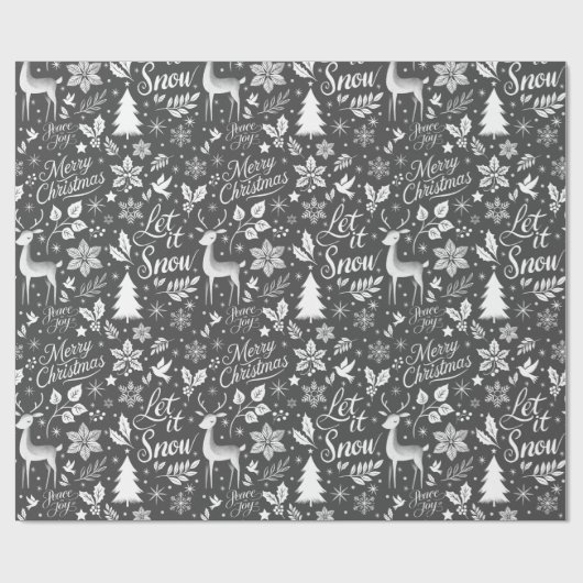 白モダンと黒のクリスマス挨拶 ラッピングペーパー (フラット)