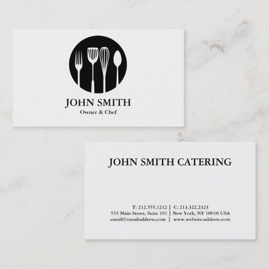 白モダンと黒のケータリングレストランシェフ 名刺 (正面/裏面)