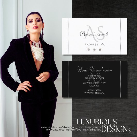 白モダンと黒のシメリーダイヤモンドイニシャル 名刺