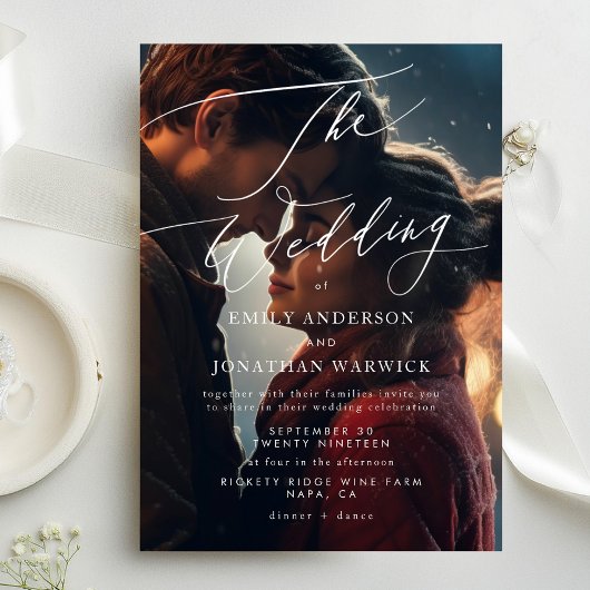 白モダンと黒のシンプル写真結婚 招待状