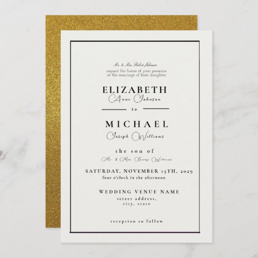 白モダンと黒のシンプル結婚式招待状 招待状 (正面/裏面)