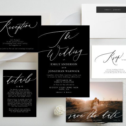 白モダンと黒のシンプル結婚 招待状