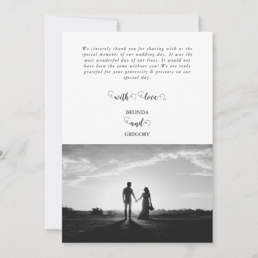 白モダンと黒のスクリプトカップルの写真結婚 サンキューカード (裏面)