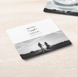 白モダンと黒のスクリプトカップルの写真結婚 スクエアペーパーコースター
