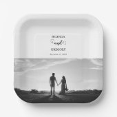 白モダンと黒のスクリプトカップルの写真結婚 ペーパープレート (正面)