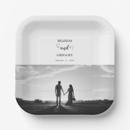 白モダンと黒のスクリプトカップルの写真結婚 ペーパープレート (正面)