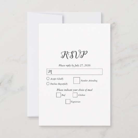 白モダンと黒のスクリプトカップルの写真結婚 出欠カード (正面)