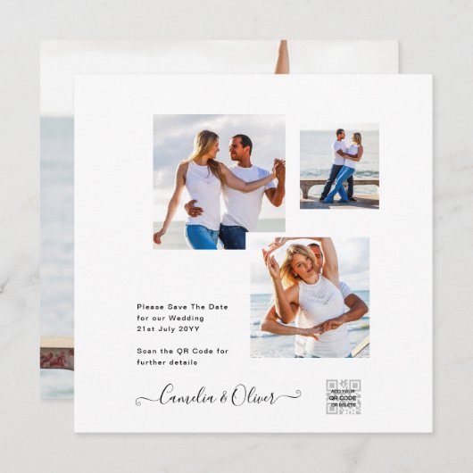 白モダンと黒のフォト結婚式招待状QR (正面/裏面)