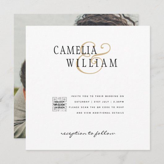 白モダンと黒のフォト結婚式招待状QR (正面/裏面)