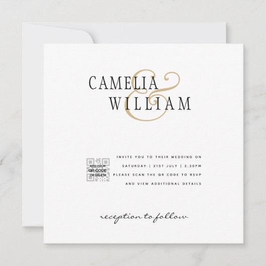 白モダンと黒のフォト結婚式招待状QR (正面)