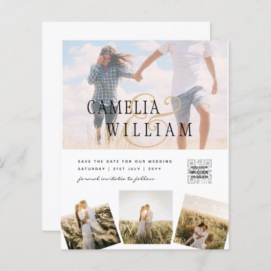 白モダンと黒のフォト結婚式招待状QR (正面/裏面)