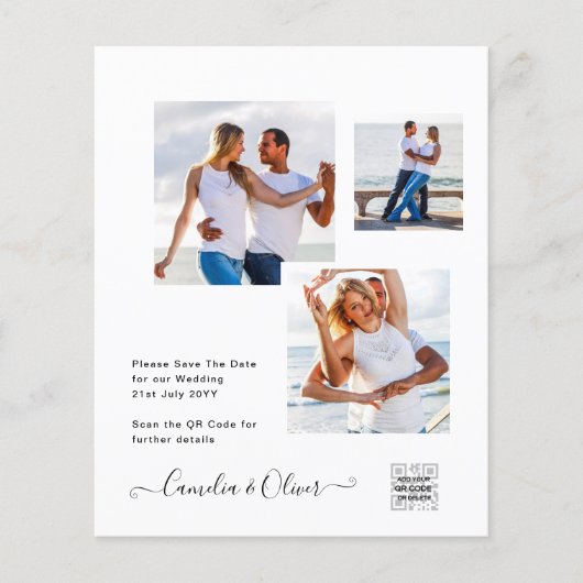 白モダンと黒のフォト結婚式招待状QR チラシ (正面)