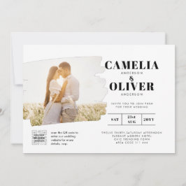 白モダンと黒のフォト結婚式招待状QR 招待状