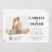 白モダンと黒のフォト結婚式招待状QR 招待状 (正面/裏面)