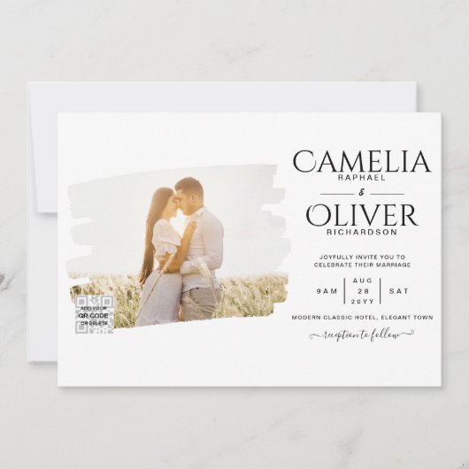 白モダンと黒のフォト結婚式招待状QR 招待状 (正面)