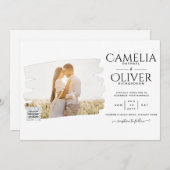 白モダンと黒のフォト結婚式招待状QR 招待状 (正面/裏面)