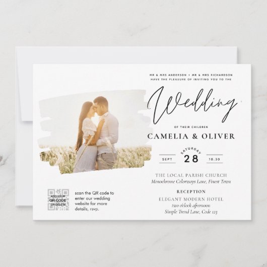 白モダンと黒のフォト結婚式招待状QR 招待状 (正面)