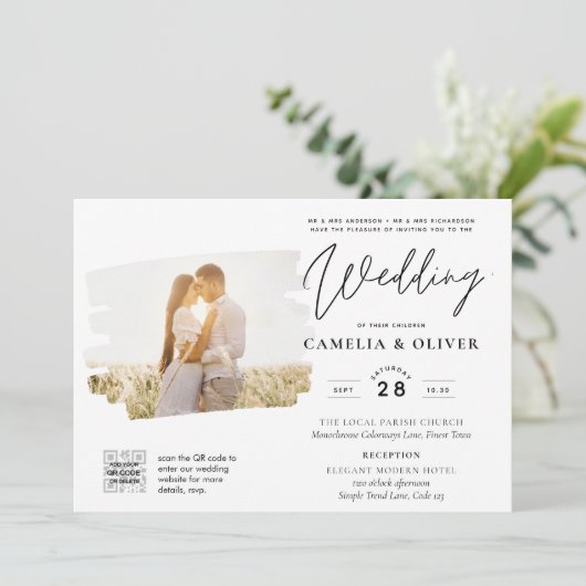 白モダンと黒のフォト結婚式招待状QR 招待状 (スタンド正面)