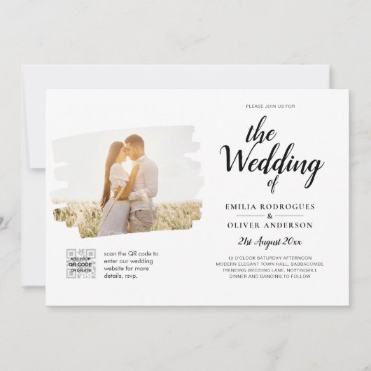 白モダンと黒のフォト結婚式招待状QR 招待状 (正面)