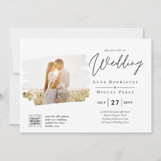 白モダンと黒のフォト結婚式招待状QR 招待状 (正面)