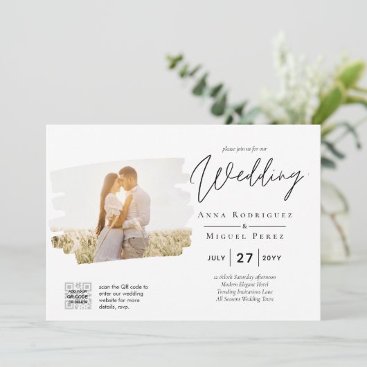 白モダンと黒のフォト結婚式招待状QR 招待状 (スタンド正面)
