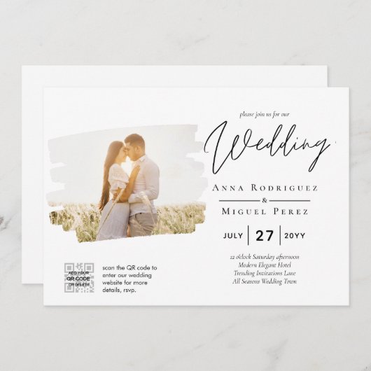 白モダンと黒のフォト結婚式招待状QR 招待状 (正面/裏面)