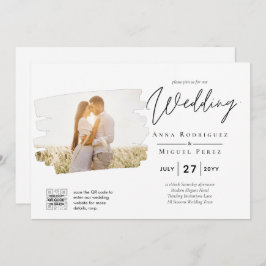 白モダンと黒のフォト結婚式招待状QR 招待状