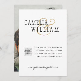 白モダンと黒のフォト結婚式招待状QR 招待状