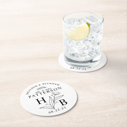 白モダンと黒のフローラローレル結婚ズ ラウンドペーパーコースター (インサイチュ)