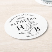 白モダンと黒のフローラローレル結婚ズ ラウンドペーパーコースター (アングル)