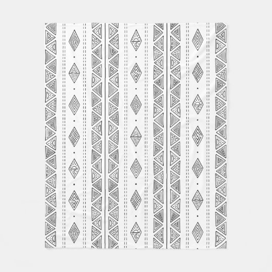 白モダンと黒のボホ族の民族模様 フリースブランケット (正面)