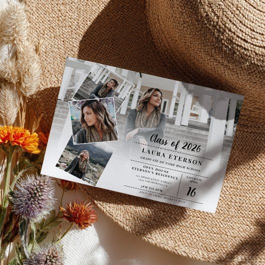 白モダンと黒のミニマル写真卒業 招待状