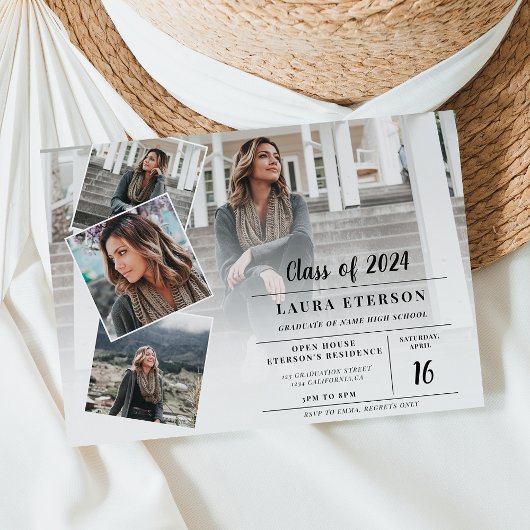 白モダンと黒のミニマル写真卒業 招待状