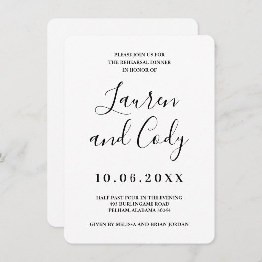 白モダンと黒のリハーサルディナー招待状 招待状 (正面/裏面)