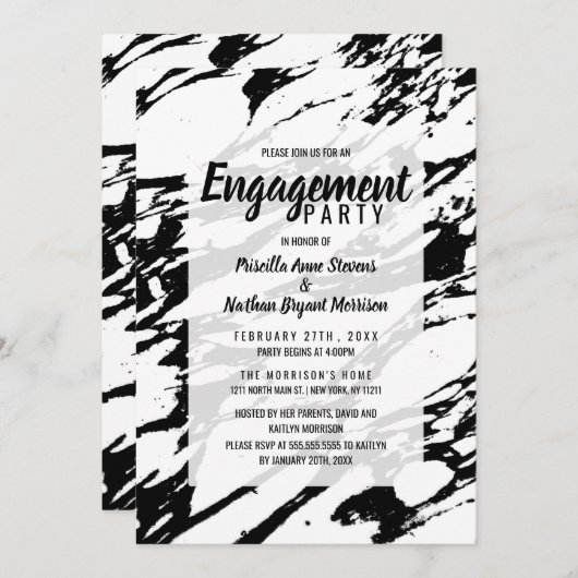 白モダンと黒の大理石パターン 招待状 (正面/裏面)