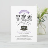 白モダンと黒の水彩茶パーティー紫 招待状 (スタンド正面)