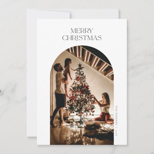 白モダンのアーチフォトクリスマスカード 招待状 (正面)