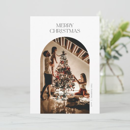 白モダンのアーチフォトクリスマスカード 招待状 (スタンド正面)