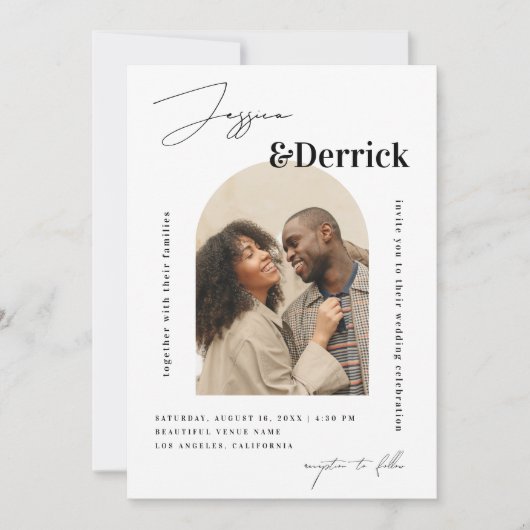 白モダンのアーチ2写真ミニマルQRコー結婚ド 招待状 (正面)