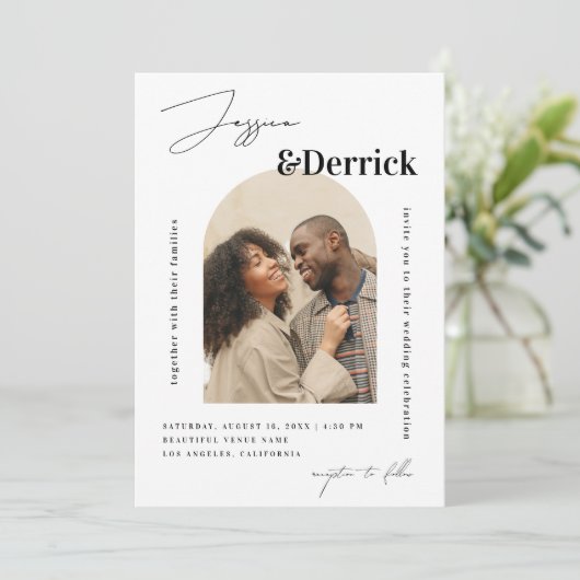 白モダンのアーチ2写真ミニマルQRコー結婚ド 招待状 (スタンド正面)