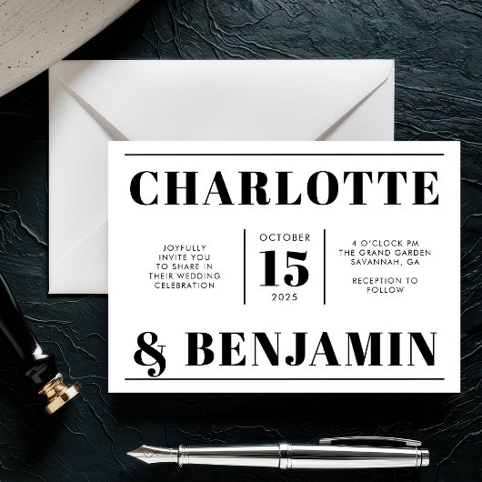 白モダンはっきりした横線結婚線 招待状