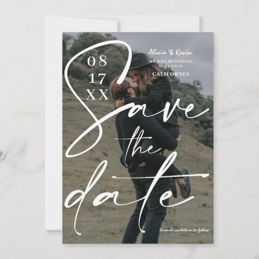 白モダンはっきりした灰色のスクリプトの日付の写真を保存 セーブザデート (正面)