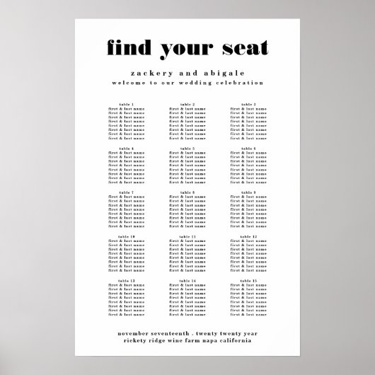 白モダンはっきりした黒の結婚座席表の記号 ポスター (正面)