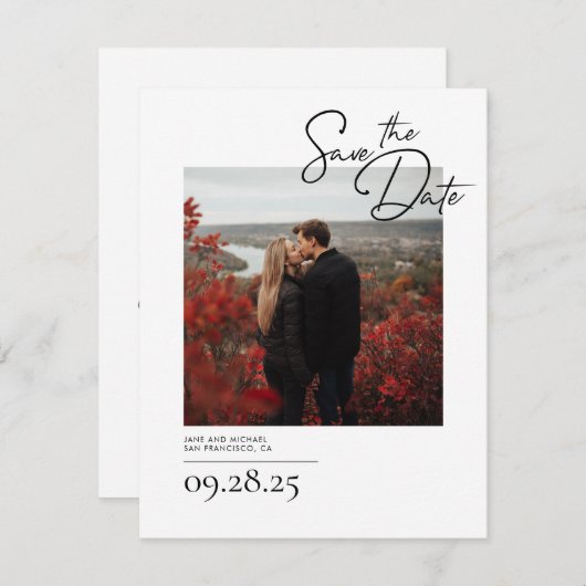 白モダンエレガントい写真の日付を保存 セーブザデート (正面/裏面)